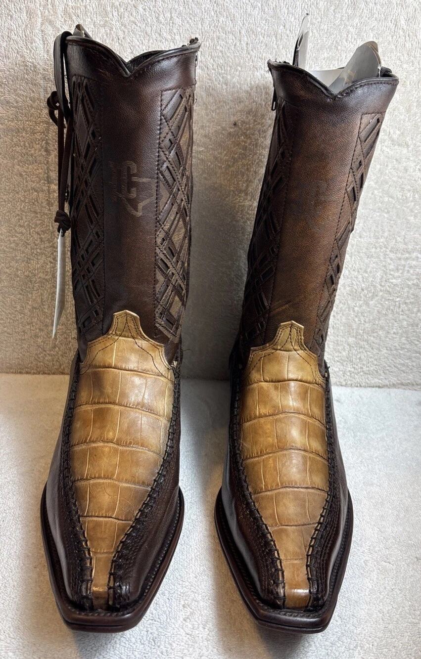 Texas County Brown Caiman Cowboy Boots Narrow Square Toe men Size 10